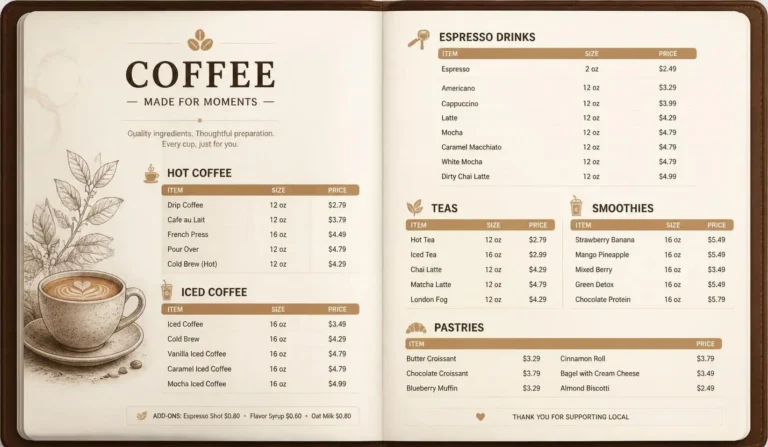 151 Coffee Menu