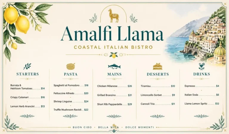 Amalfi Llama Menu