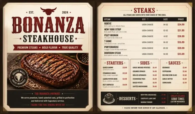 Bonanza Steakhouse Menu
