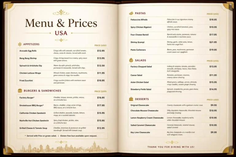 Cheesecake Factory Menu