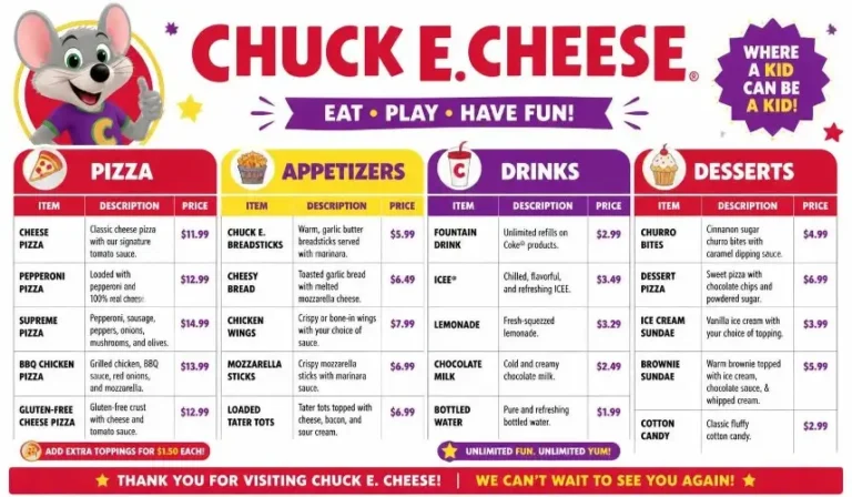 Chuck E Cheese Menu