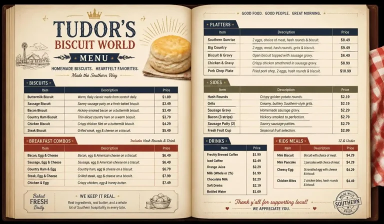 Tudor’s Biscuit World menu