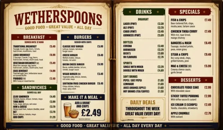 Wetherspoons Menu