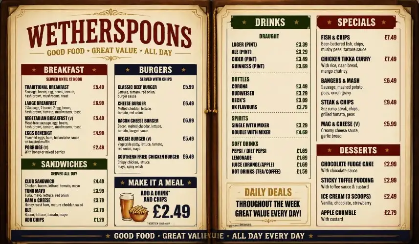 Wetherspoons Menu