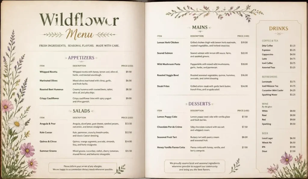 Wildflower Menu